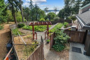 Overhead view of south end of solarium and deck walkway leading to fenced garden, with Puget Sound in the background. Orchard with cherries, fig and plums visible in the upper left. (Apples, Asian Pears and filberts on the north side.)