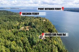 This depiction shows the proximity to the ferry for an easy commute - one mile to the Tahlequah ferry on the Vashon side – and also the privacy even though over 50 homes are nestled on the sides of Pohl Road. Enjoy sweeping views of sailboat and marine life activity from the tip of Pt. Defiance Park past the entrance to Gig Harbor, clear to Olalla. Trimming up a few tree limbs could create a 180 degree view.