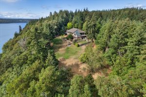 Overhead view of house facing the high bank, overlooking Puget Sound and the entry to Vashon Island's west passage